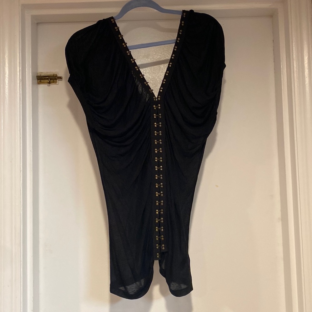 7 for all mankind black top with bronze clasping hardware, size M.